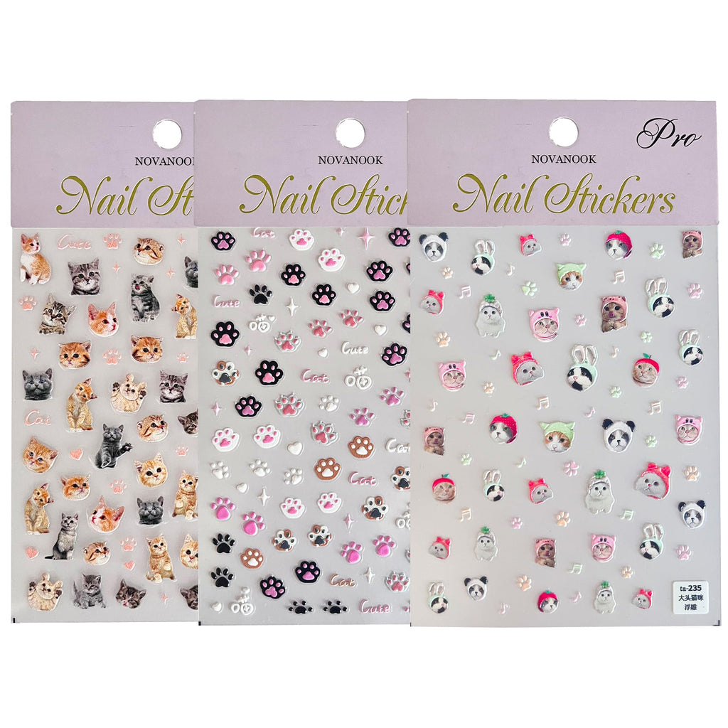 Cat Nail Art Stickers – Embossed 3-Sheet Decal Set