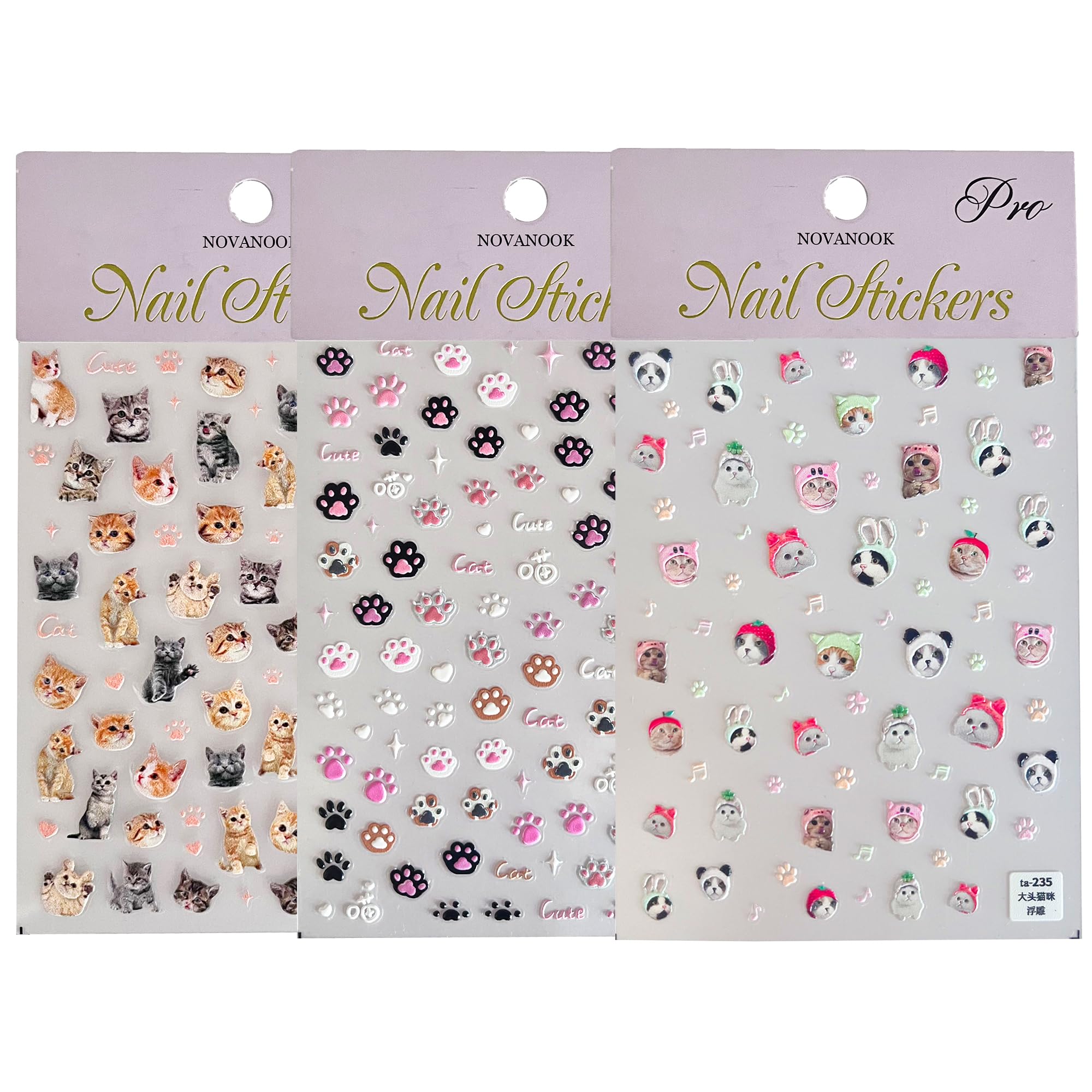 Cat Nail Art Stickers – Embossed 3-Sheet Decal Set